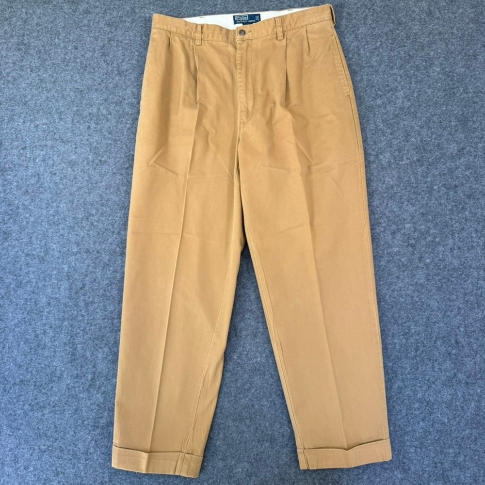 Y2K Polo Ralph Lauren Hammond Pant Mens 35x30 Tan Double Pleated Cuffed Chinos